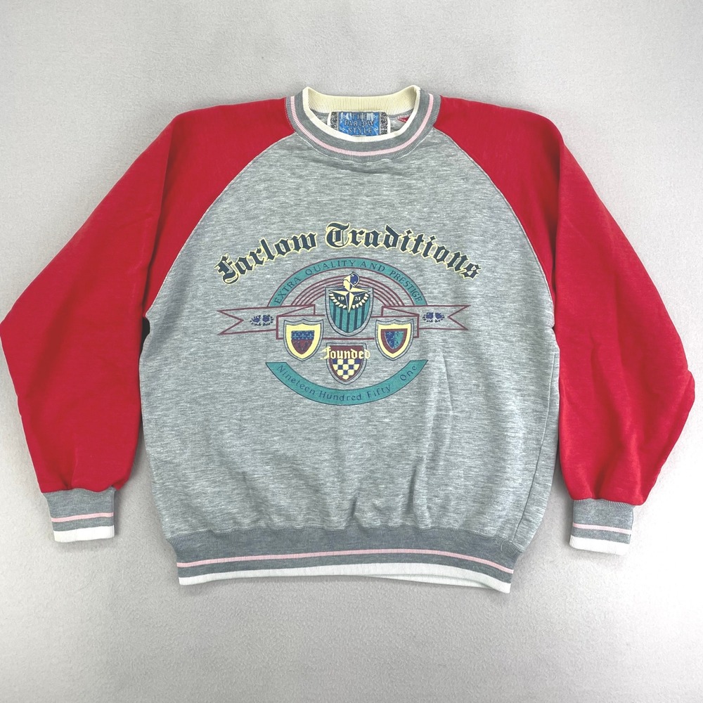 VTG Farlow Traditions Crewneck Sweatshirt Raglan‎ Boxy Preppy Graphic Retro M-L